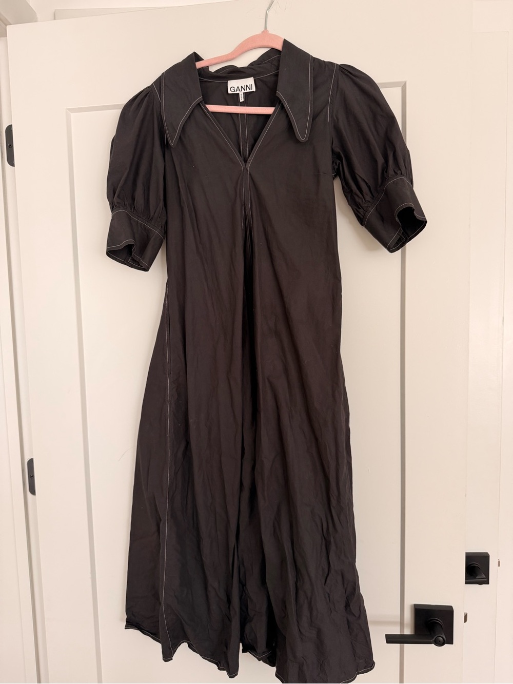 GANNI Black Midi Dress with Pointed Collar
